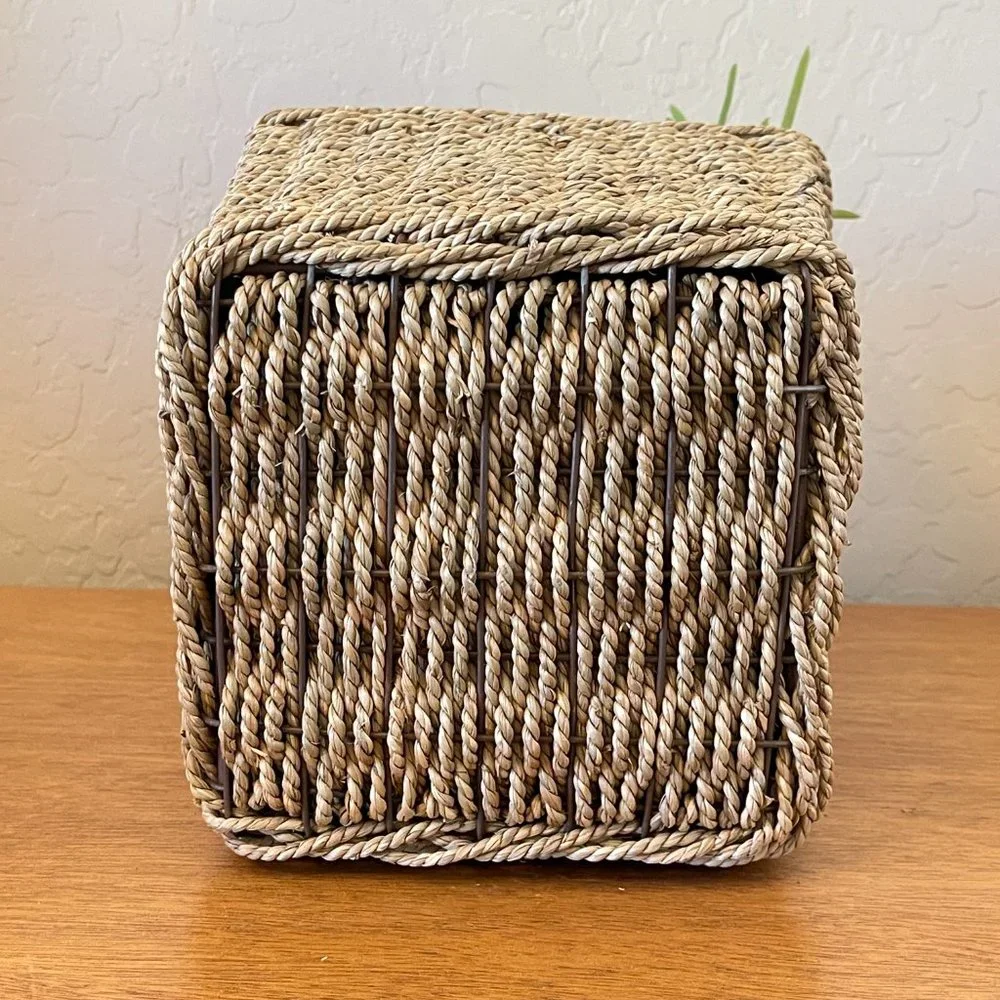 Faux Fake Plant Green Grass Basket Pot in Woven Square Table Top Decor